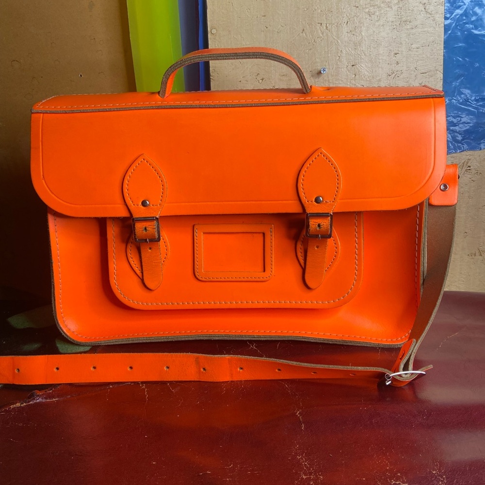 Neon Orange Leather Crossbody Messenger Bag Cambridge Satchel